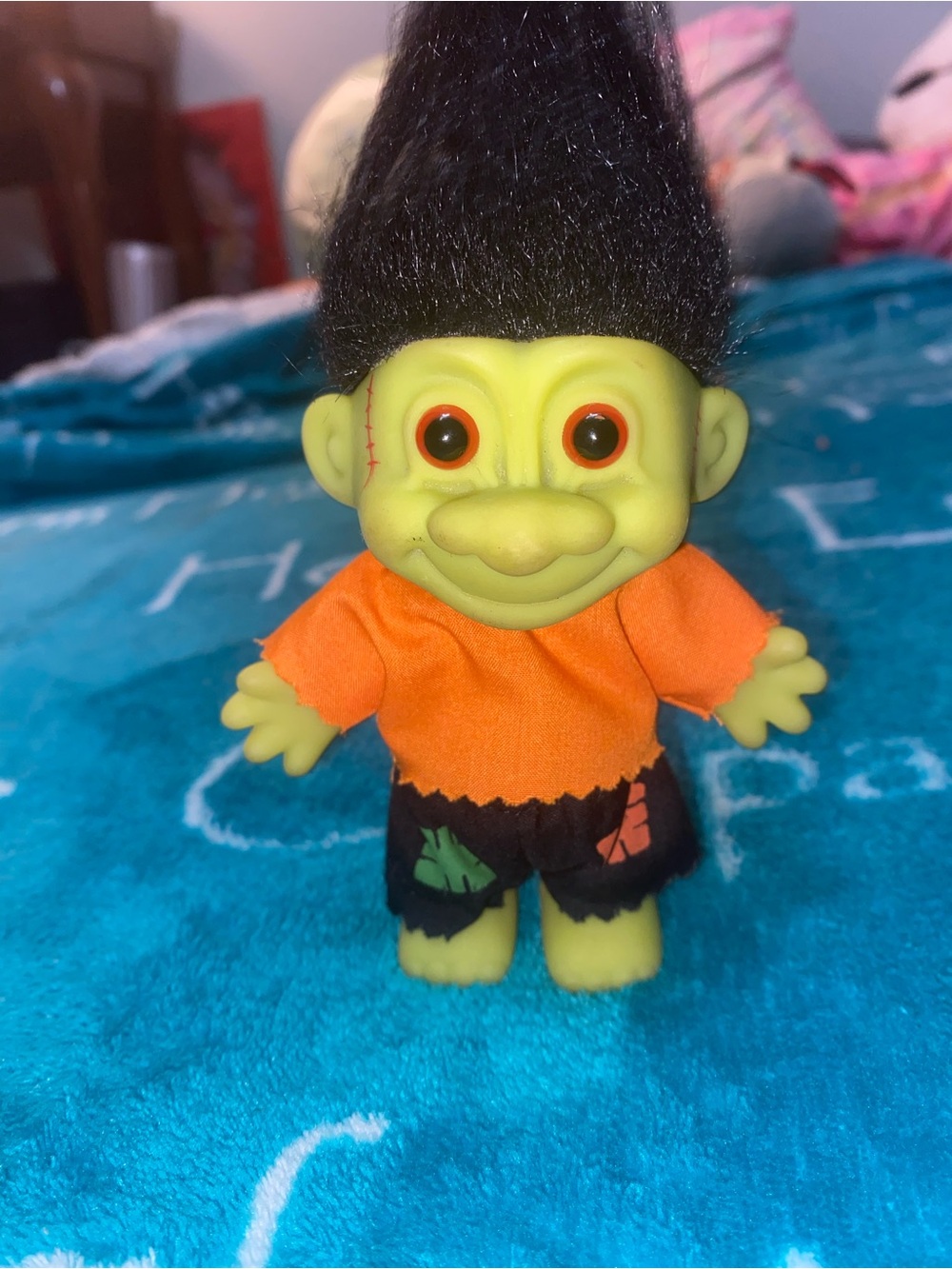 Russ Neon Green Frankenstein Troll Doll with Orange Shirt and Black Hair